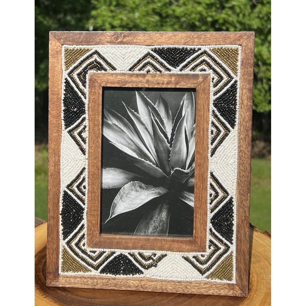 World Market Wood Beaded 4x6 Picture Frame Black White Gold Tribal Boho Decor